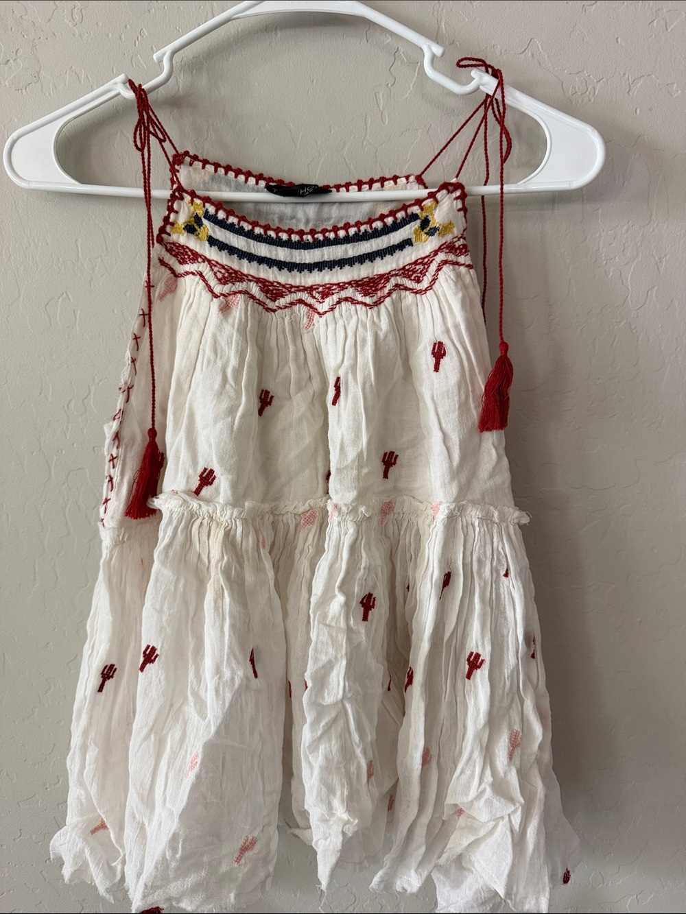 Topshop Cream Tiered Top with Red Embroidery and tie sleeve detail